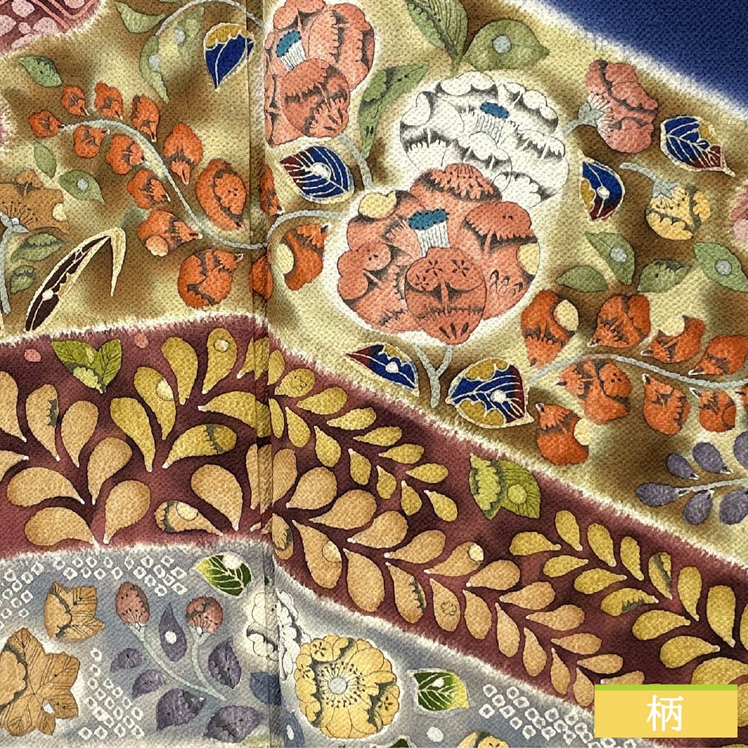 訪問着 正絹 Sランク 袷 身丈155cm 裄丈63cm 紺色(こんいろ) ちりめん地 辻ヶ花 紺系 1112006292318