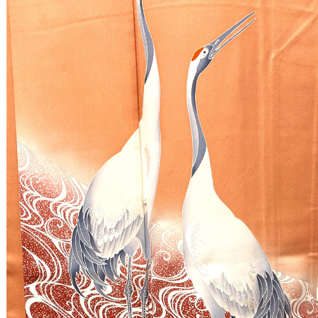 Colored Tomesode, Length 160.5cm, Sleeve Length 64cm, Lined, Coral Color, Kyo-Yuzen, Crane, Flowing Water, Three Fans, Pure Silk, S Rank, Three Crests, Orange, 1111001132426