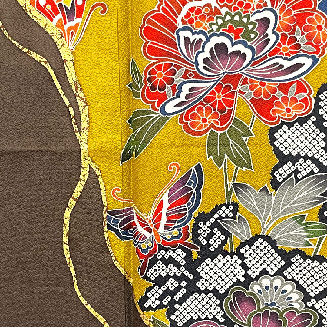 振袖 身丈164cm 裄丈66cm 袷 八丈色 京紅型 蝶 草花模様 正絹 Sランク 黄系 1113001742423