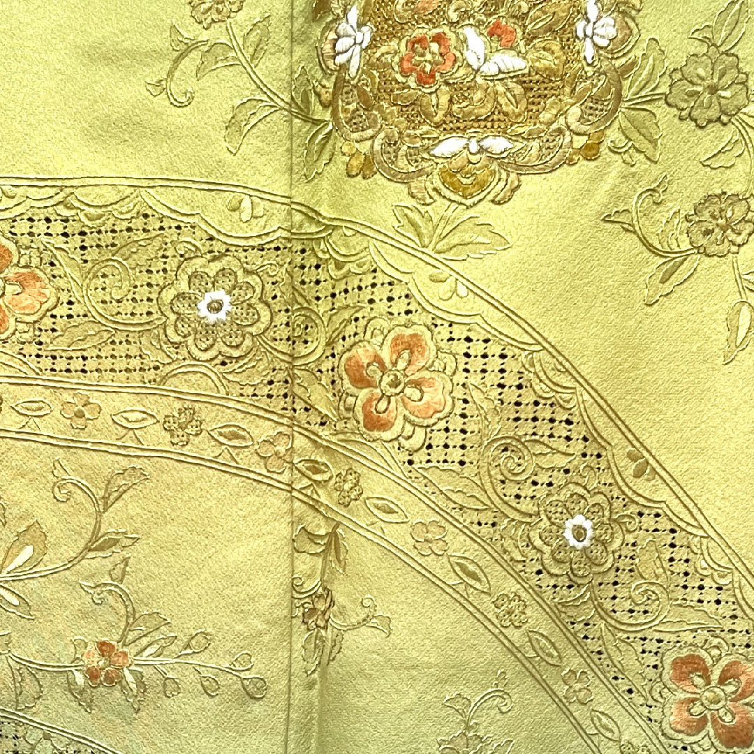 訪問着 正絹 袷 身丈156.5cm 裄丈65cm 浅青朽葉色 蘇州刺繡 汕頭刺繡 草花模様 作家物 五三桐 Sランク 緑系 1112003122319