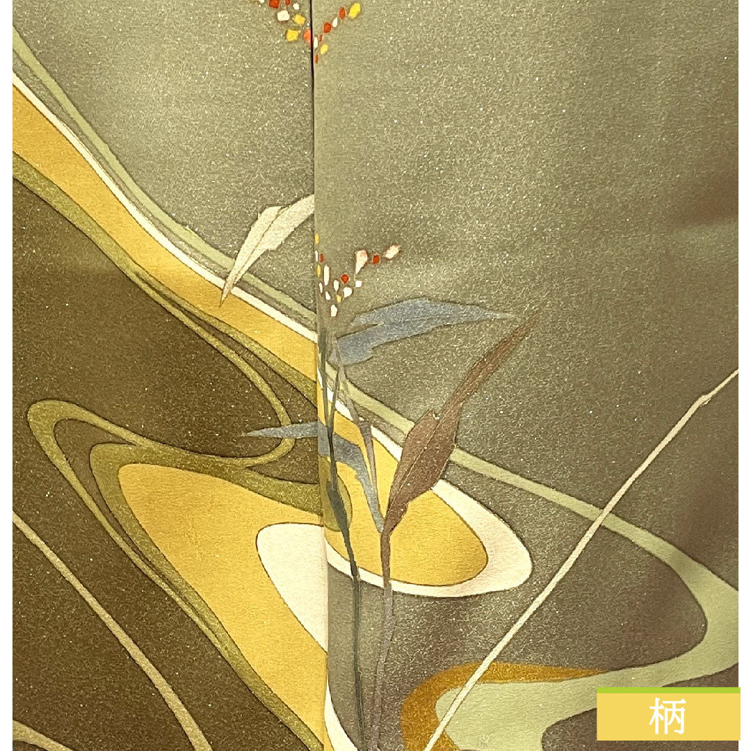 訪問着 正絹 袷 身丈162.5cm 裄丈67cm 砂色 銀通し MIKUMOコレクション 手描き ろうけつ染め 抽象模様 Aランク グレー系 1112003363422