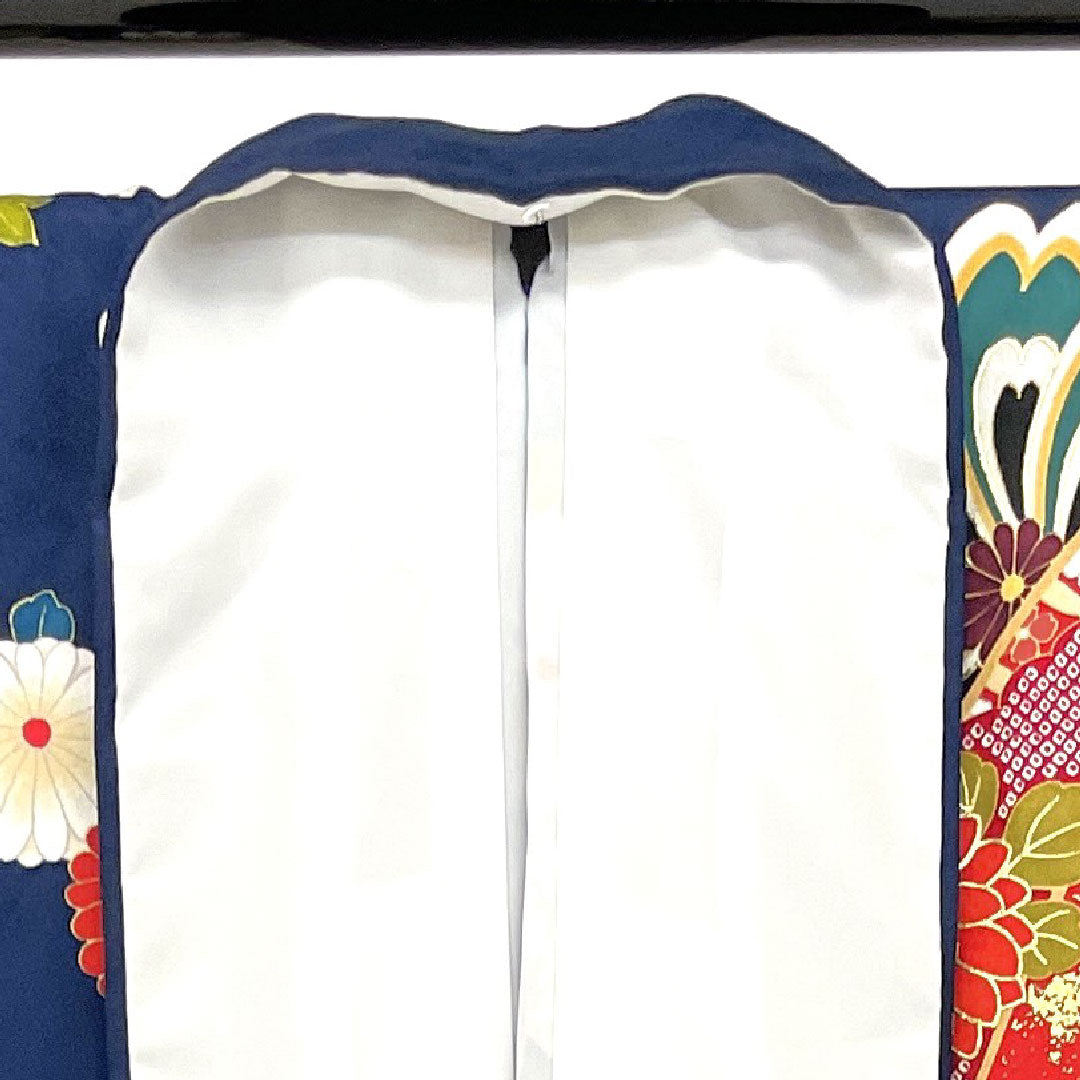 振袖 身丈170cm 裄丈68cm 袷 京友禅 熨斗に花模様 正絹 Sランク 紺系 1113000532618