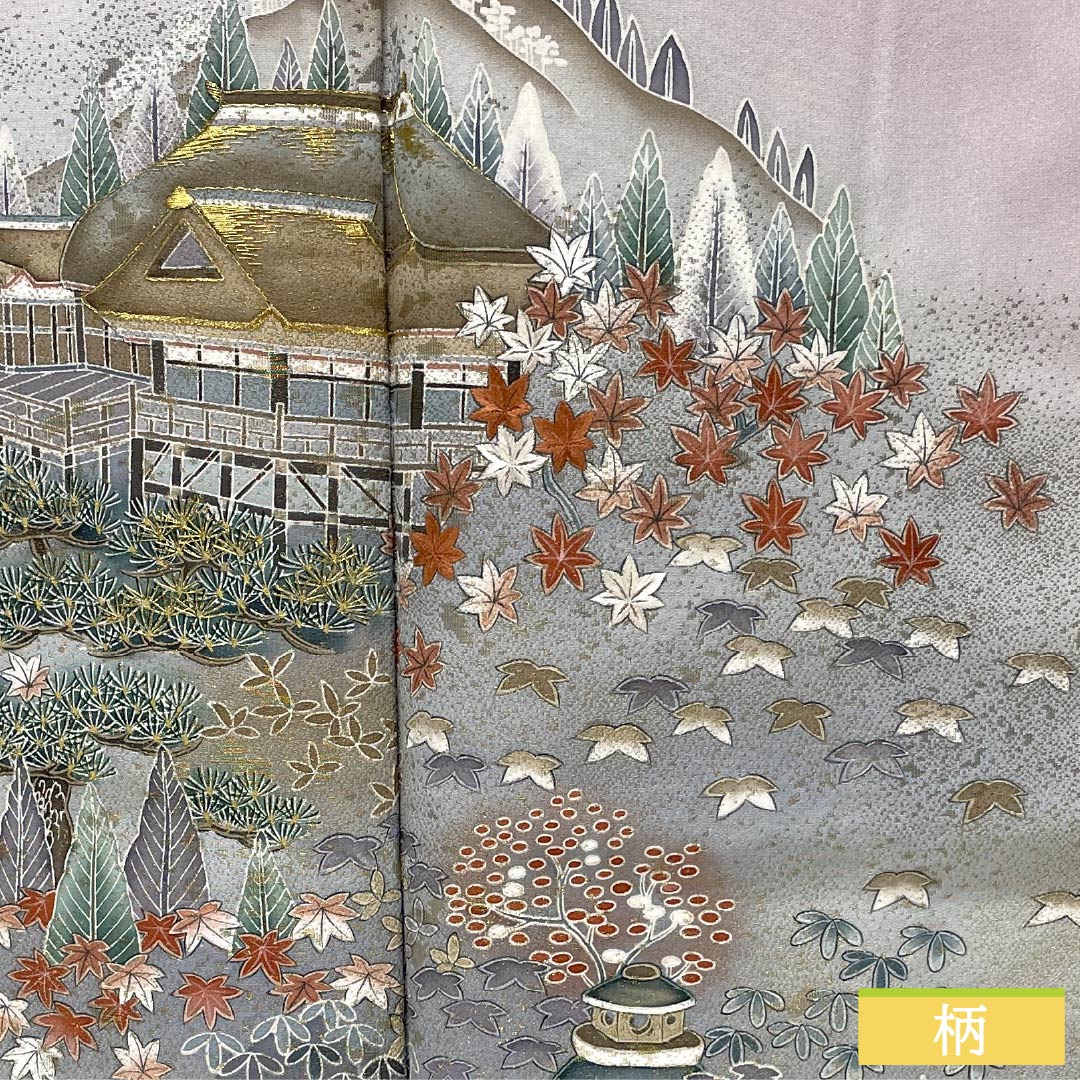 色留袖 正絹 Aランク 身丈157.5cm 裄丈62cm 袷 桜色(さくらいろ) 一つ紋 下り藤 京友禅 風景模様 作家物 しつけ糸付き 一つ紋 ピンク系 1111002003313
