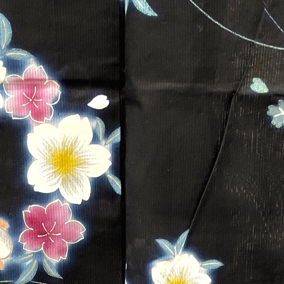 浴衣 桜 木綿 Sランク 単衣 身丈168cm 裄丈67.5cm 黒系 1118002092510