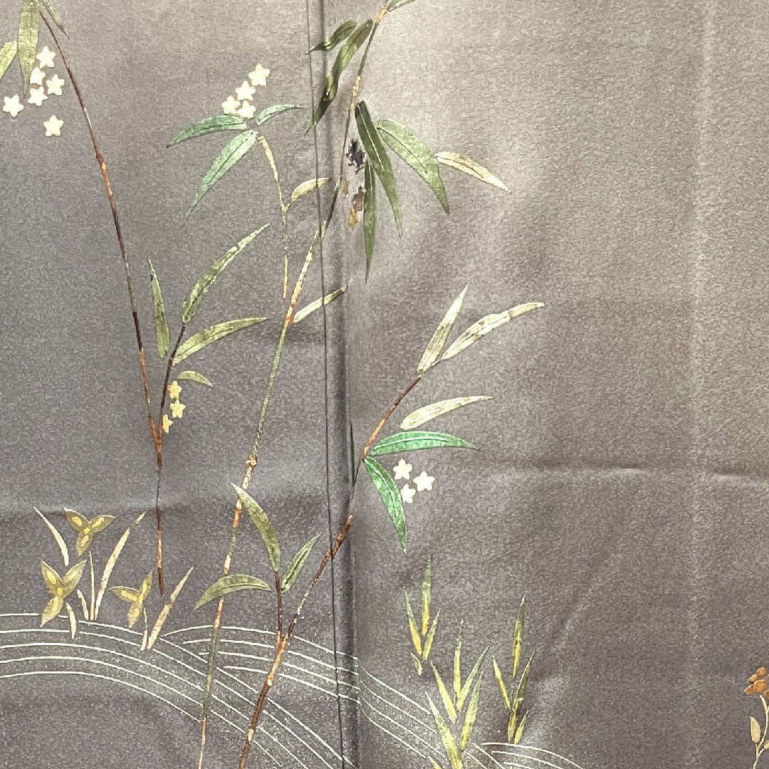 Homongi, pure silk, lined, length 156cm, sleeve length 63cm, tin color, gold leaf finish, floral pattern, S rank, gray, 1112002942322