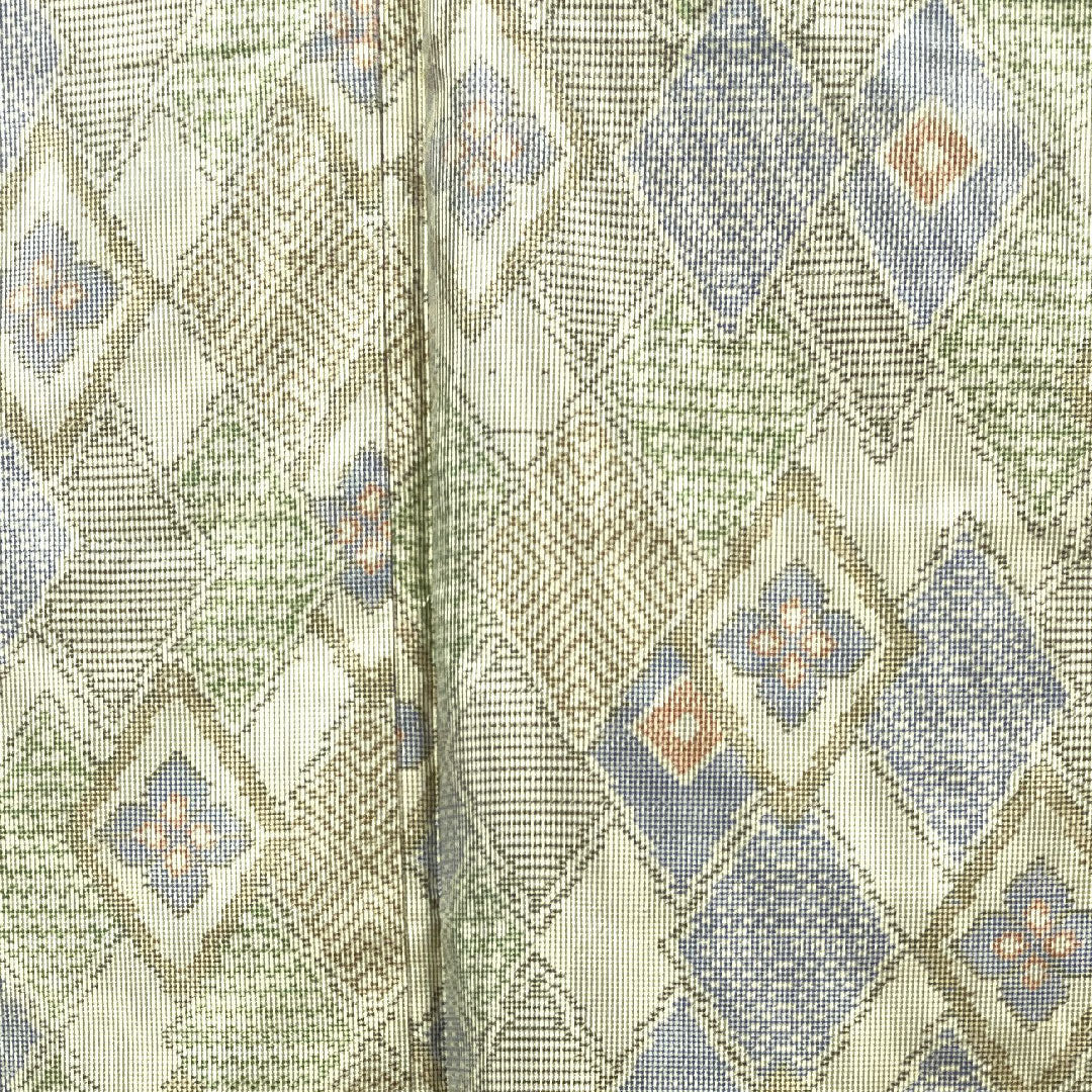 大島紬 身丈153.5cm 裄丈62.5cm 利休白茶色 経緯絣 菱 正絹 Sランク 袷 緑系 1116002662219