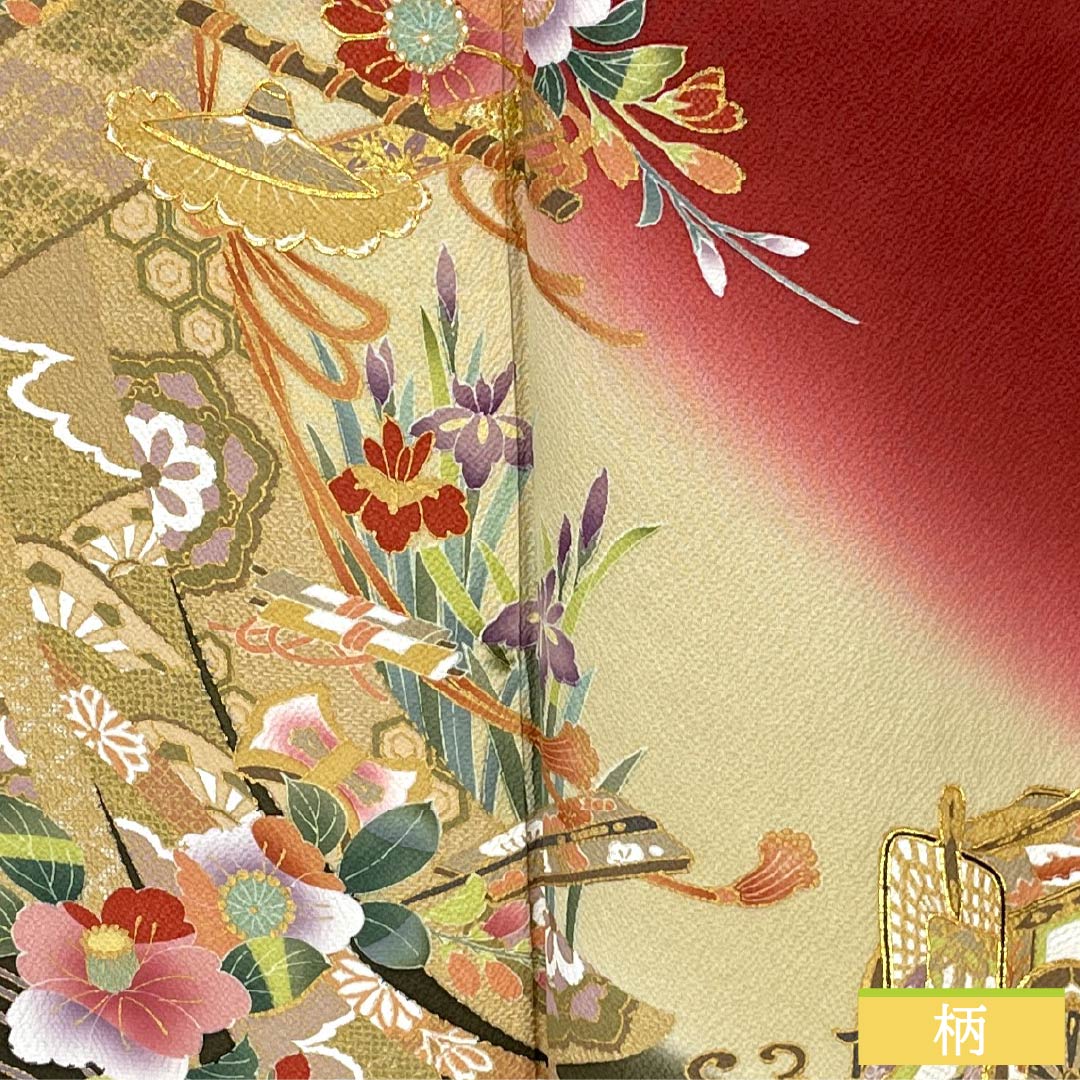 Kimono (Furisode) - S Rank - Pure Silk - Length 155.5cm - Sleeve Length 64.5cm - Lined - Shoenji-iro (Deep Crimson) - Kyo Yuzen - Imperial Carriage & Floral Patterns - Gold Couching Embroidery - Red - 1113002902312