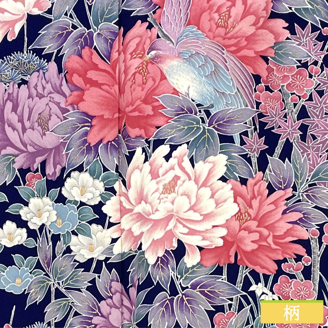 Pure silk furisode (long-sleeved kimono) - Grade A, length 159cm, sleeve length 63cm, lined, in navy blue with bellflower and plum blossom motifs in Kyoto Yuzen. Product code: 1113002623318