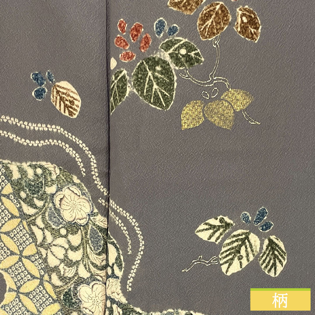 訪問着 正絹 袷 身丈159.5cm 裄丈63.5cm 紫鼠色(むらさきねずいろ) ちりめん地 辻ヶ花 道長取り 付下げ Aランク グレー系 1112005583322