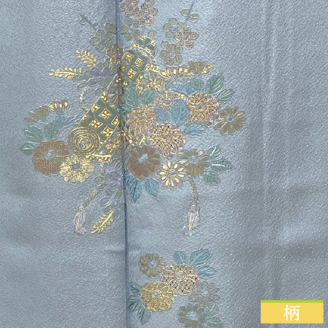 訪問着 正絹 袷 身丈158cm 裄丈63cm 薄花色(うすはないろ) 刺繍 草花模様 Aランク 青系 1112004693317