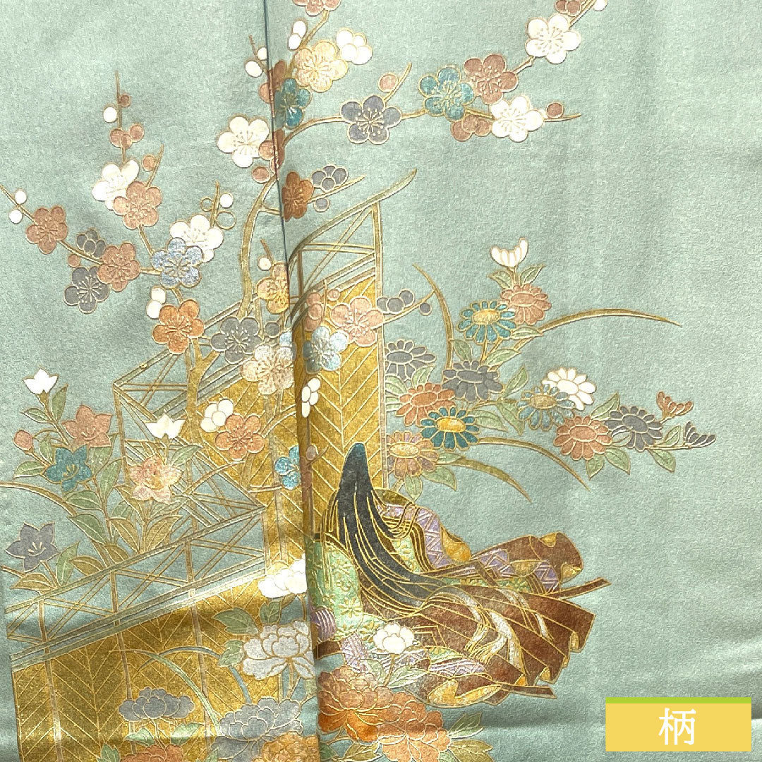 Homongi, pure silk, lined, length 156.5cm, sleeve length 64cm, light blue, gold leaf finish, auspicious motif, A rank, light blue, 1112003523324