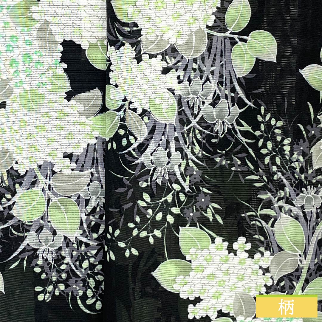 夏物 ポリエステル 小紋 身丈167cm 裄丈63.5cm 紫陽花 菖蒲 洗える着物 絽 Aランク 黒系 1132002283510