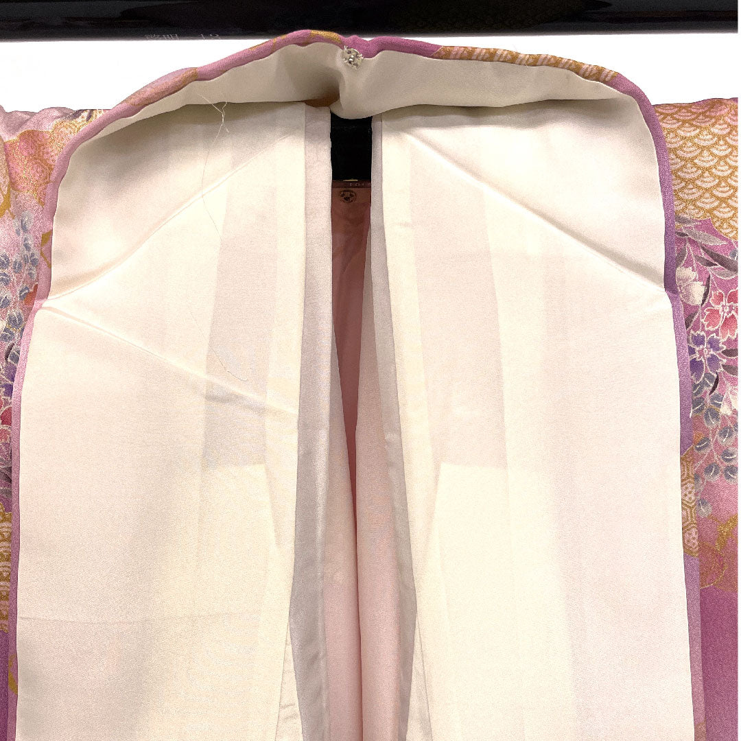 小紋 身丈158cm 裄丈65cm 袷 洗える着物 雲取り 草花模様 ポリ Aランク 紫系 1115001623320