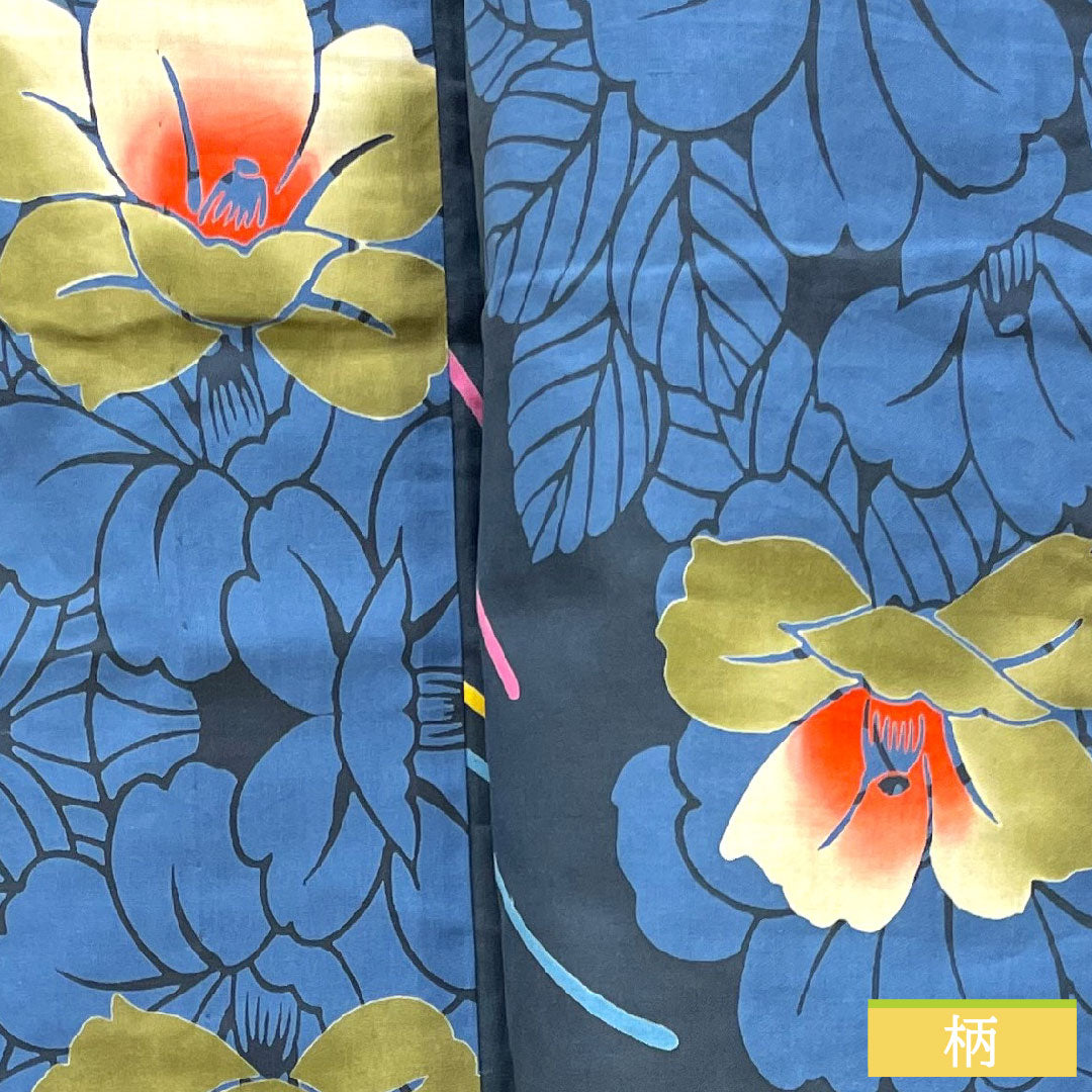 浴衣 木綿 身丈161cm 裄丈65.5cm Sランク 単衣 紺系 紺鉄色(こんてついろ) 山茶花 1118005172418