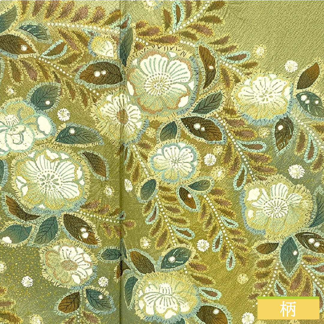 訪問着 正絹 袷 身丈162cm 裄丈62.5cm 薄柳色(うすやなぎいろ) 辻ヶ花 ちりめん地 重ね衿付き しつけ糸付き Sランク 緑系 1112005202419