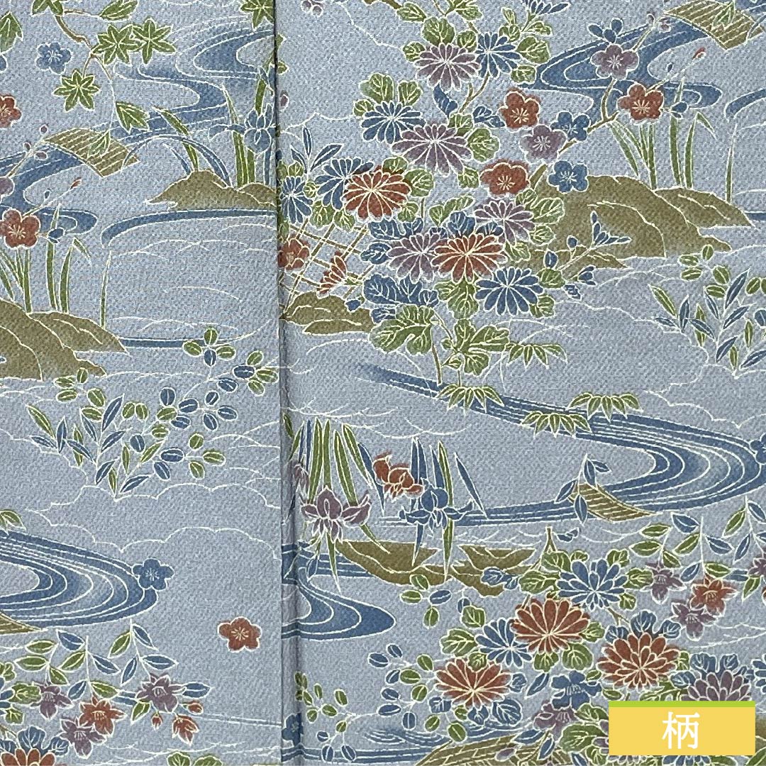 Small-patterned polyester kimono, S rank, length 166cm, sleeve length 66cm, lined, blue-gray (seitai-nezuiro) with flowing water and floral motifs, washable, light blue, 1115007392524
