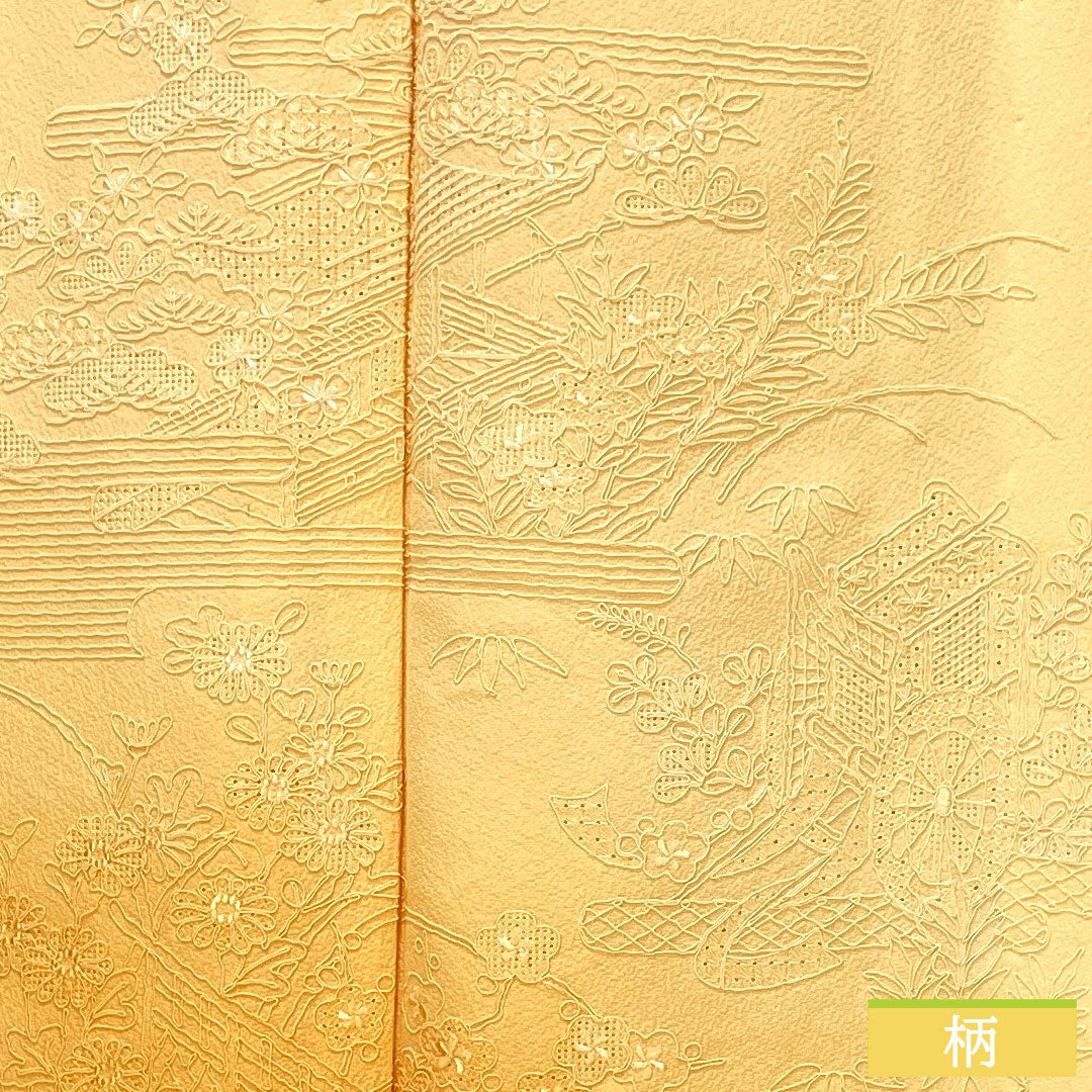 訪問着 正絹 胴抜き 身丈158cm 裄丈66.5cm 薄柑子色(うすこうじいろ) 刺繍 草花模様 一つ紋 揚羽蝶 付下げ Sランク 橙系 1112005602326