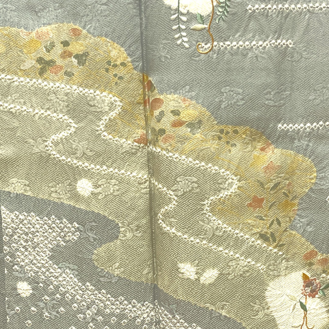 Homongi, pure silk, lined, length 152.5cm, sleeve length 62.5cm, cupronickel color, Kyo-Yuzen, tie-dye, embroidery, A rank, gray, 1112003033222