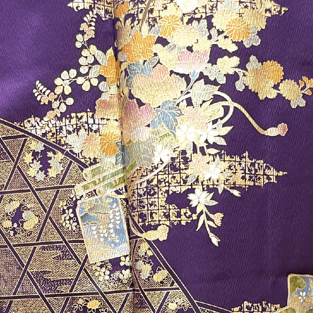訪問着 正絹 袷 身丈155cm 裄丈68cm 深紫色 金彩加工 しつけ糸付き 吉祥文様 Sランク 紫系 1112003192320