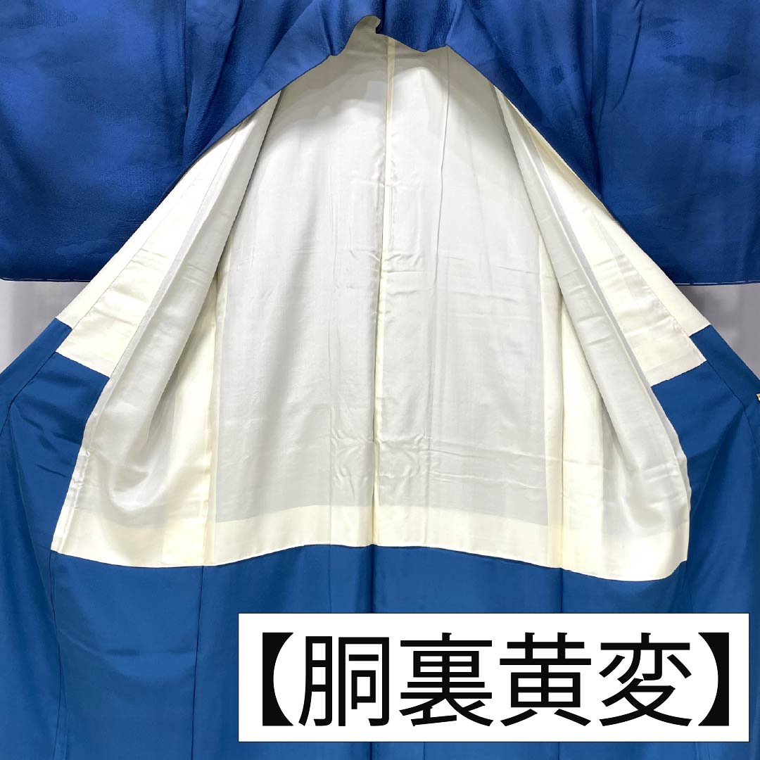 色無地 正絹 Aランク 身丈155.5cm 裄丈62.5cm 露草色(つゆくさいろ) 一つ紋 揚羽蝶 縫い紋 袷 青系 1114002783317