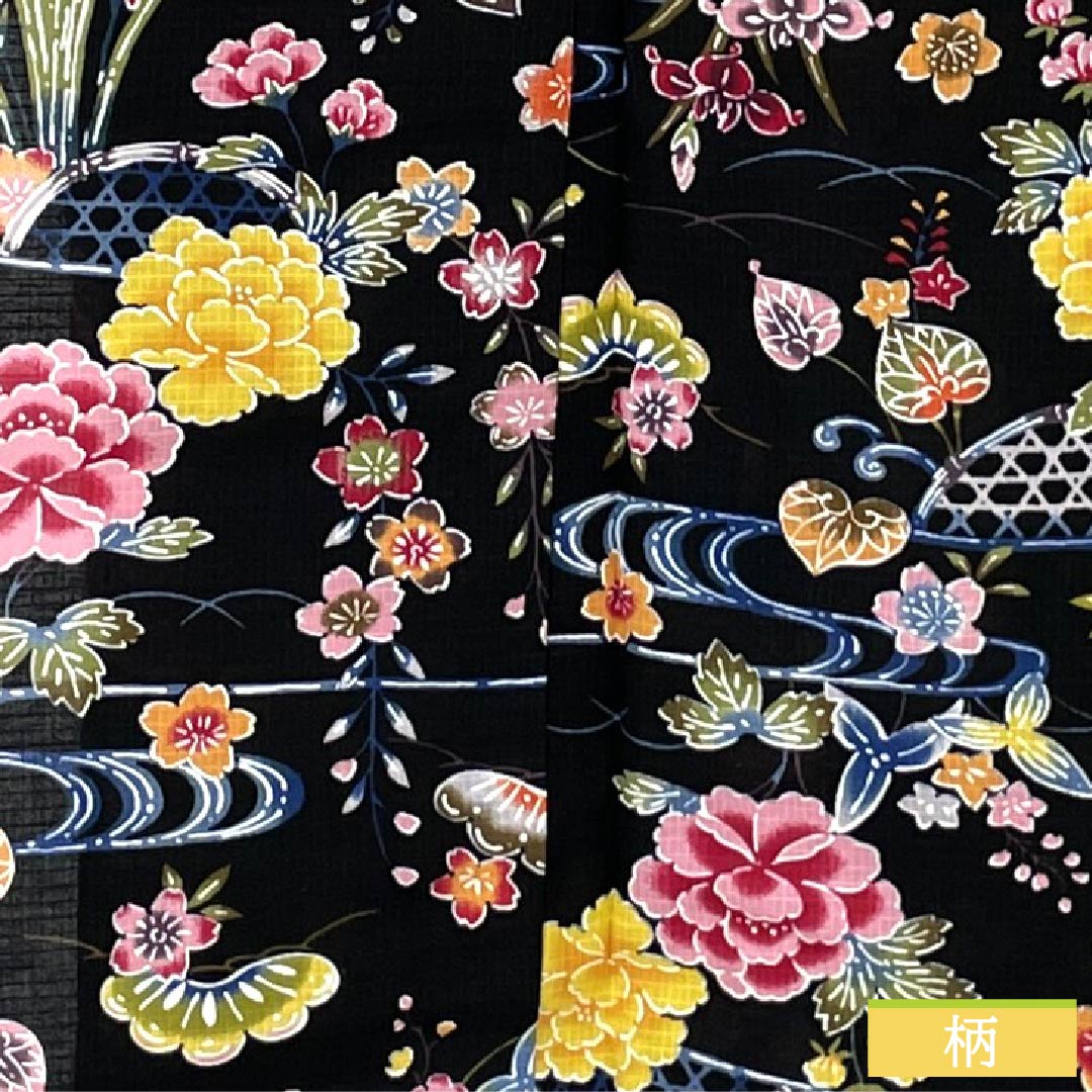 (新品未使用品)浴衣 木綿 身丈167cm 裄丈67cm NEWランク 単衣 黒系 型染 花 松 流水 1118006791510