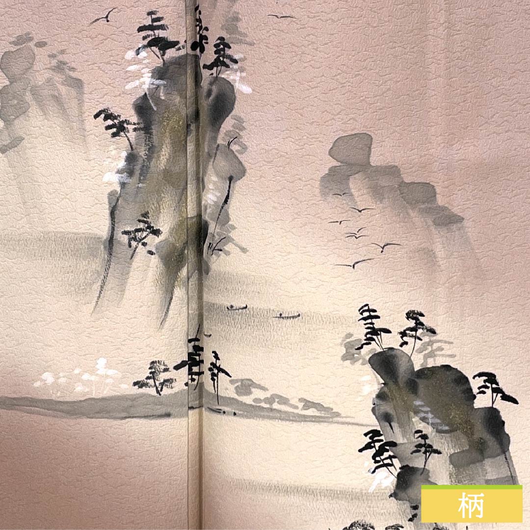 訪問着 正絹 Aランク 袷 身丈160cm 裄丈64cm 退紅色(あらそめいろ) 手描き 風景画 ピンク系 1112007153413