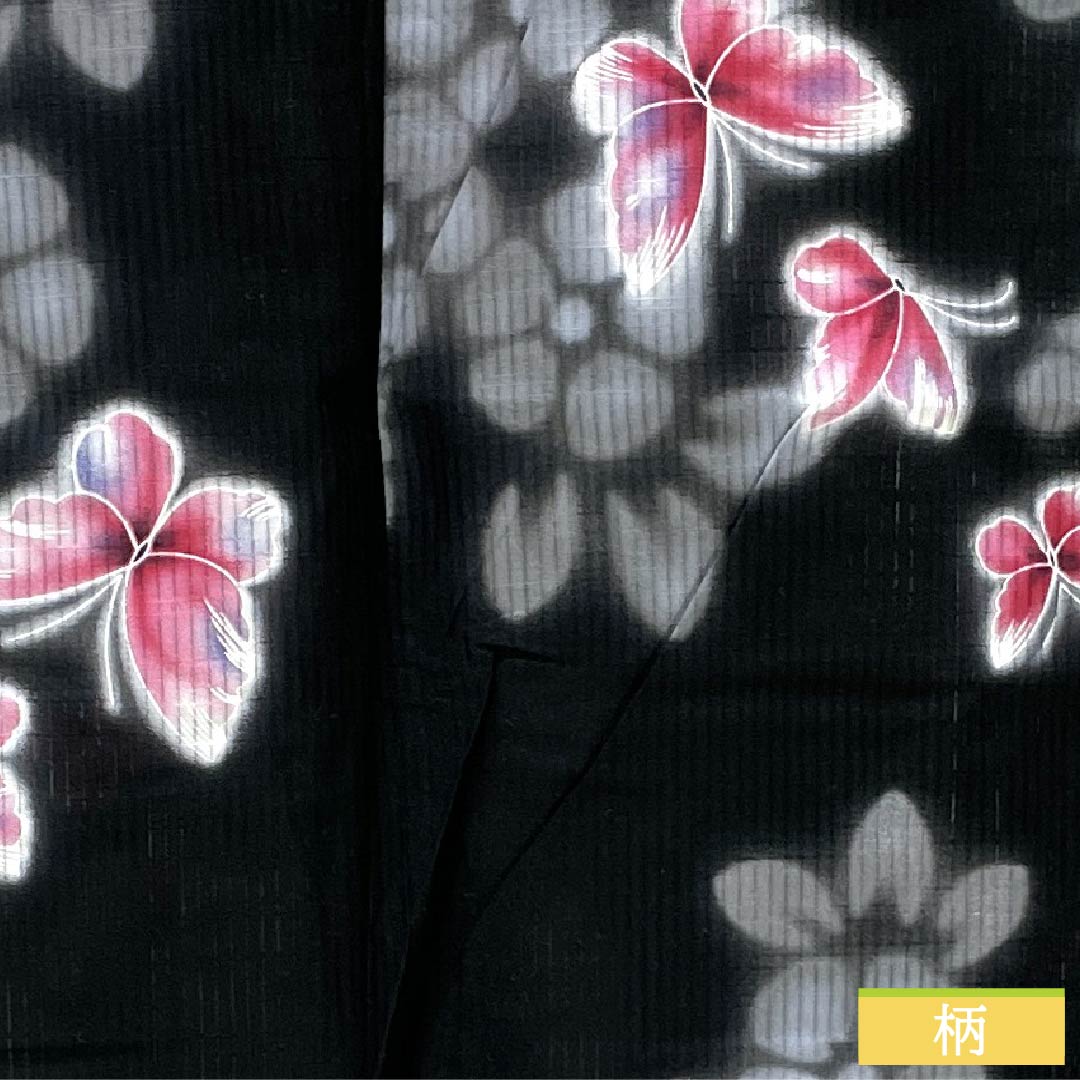 Cotton Yukata, Length 158.5cm, Sleeve Length 64.5cm, S Rank, Single Layer, Black, Butterfly and Flower Design, 1118006152310