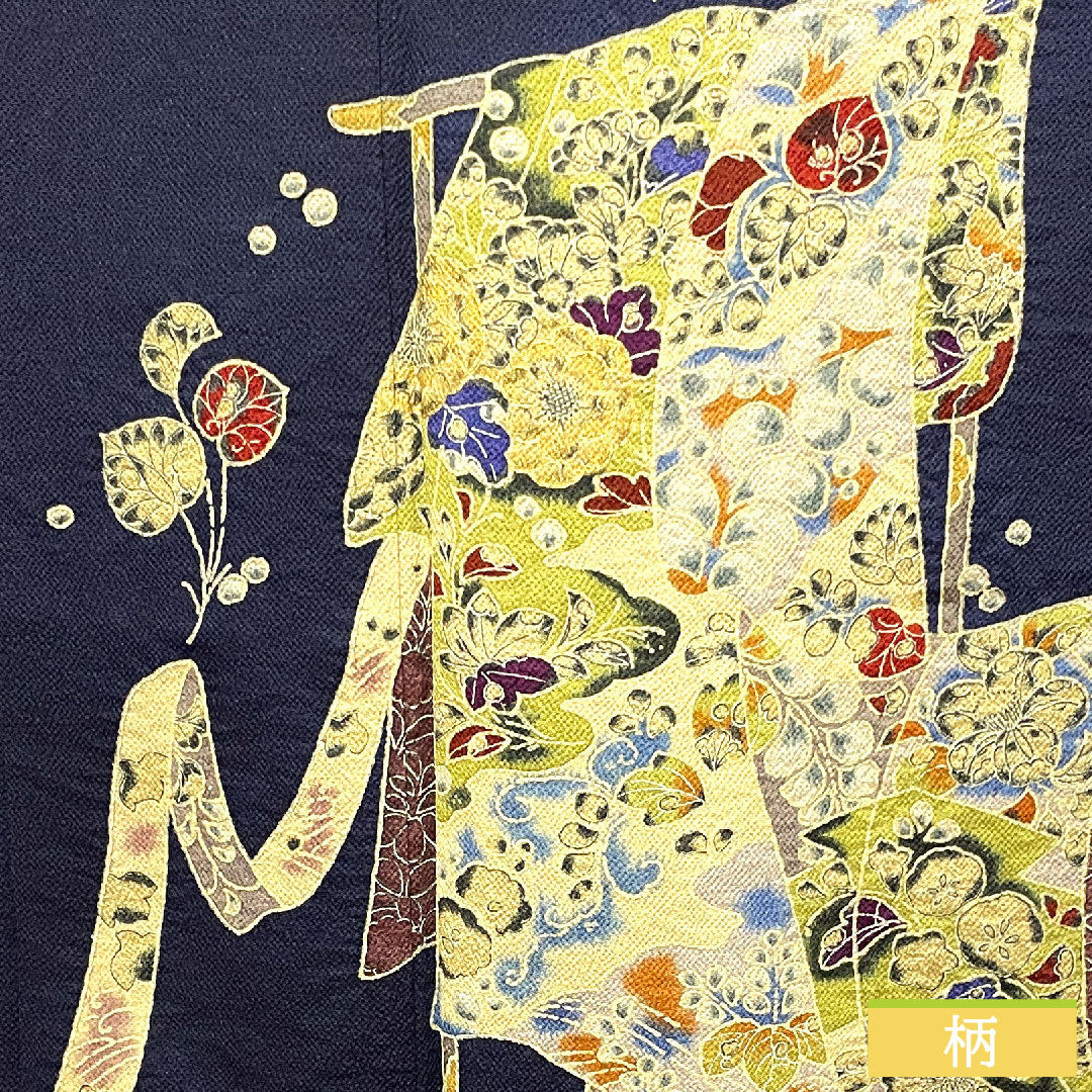 Homongi, pure silk, lined, length 172cm, sleeve length 67cm, dark blue, Tsujigahana, S rank, navy blue, 1112003572618