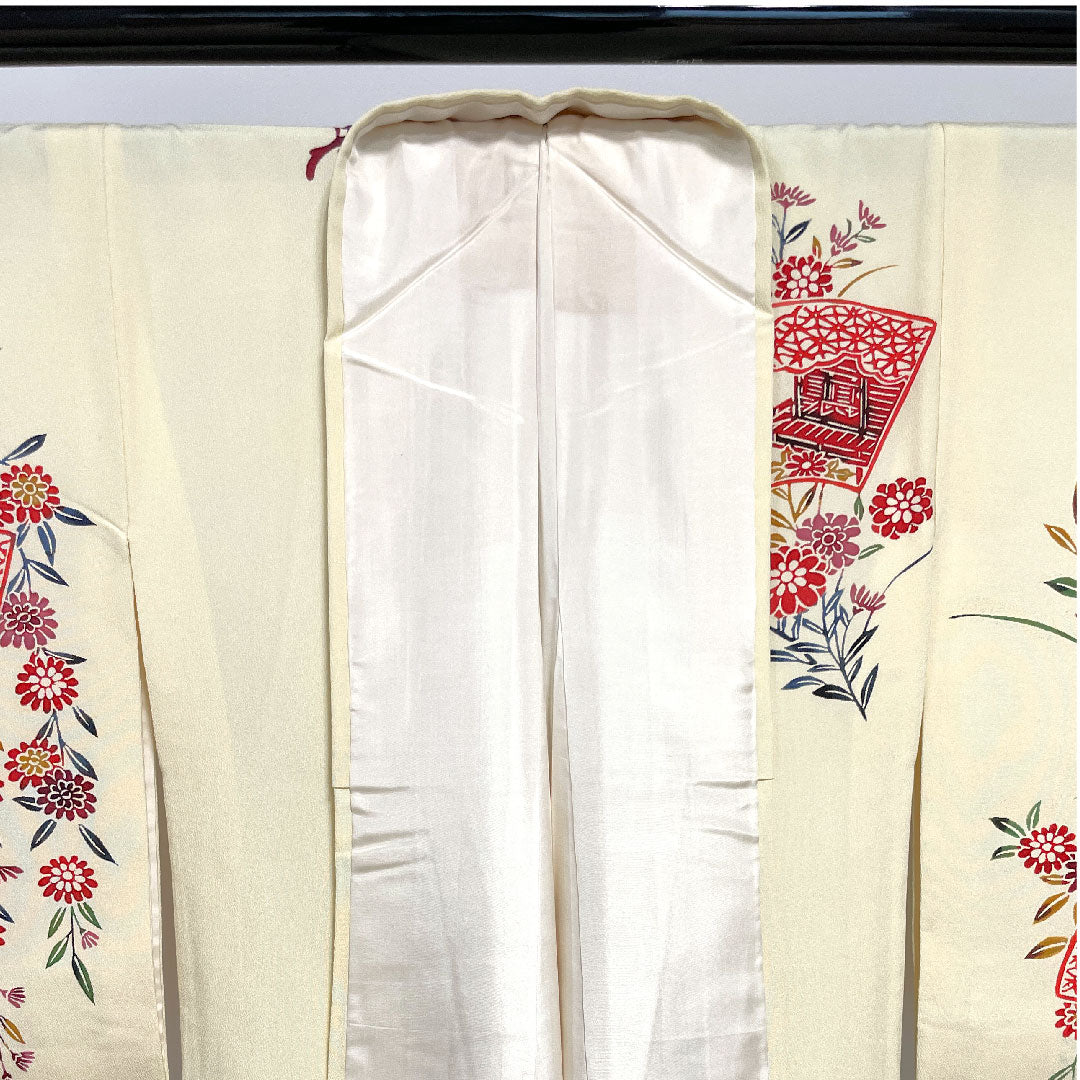 訪問着 袷 身丈159cm 裄丈62.5cm 鳥の子色 京紅型 草花模様 正絹 Aランク クリーム系 1112001943315