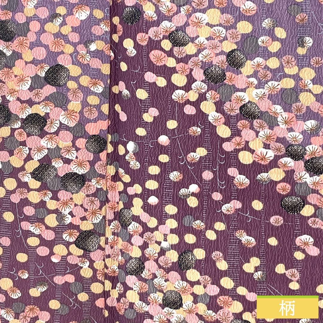 小紋 ポリエステル 身丈161.5cm 裄丈66cm 袷 蒲萄色(えびいろ) 古代紫色(こだいむらさきいろ) 型染 抽象柄 洗える着物 Aランク 紫系 1115005543420