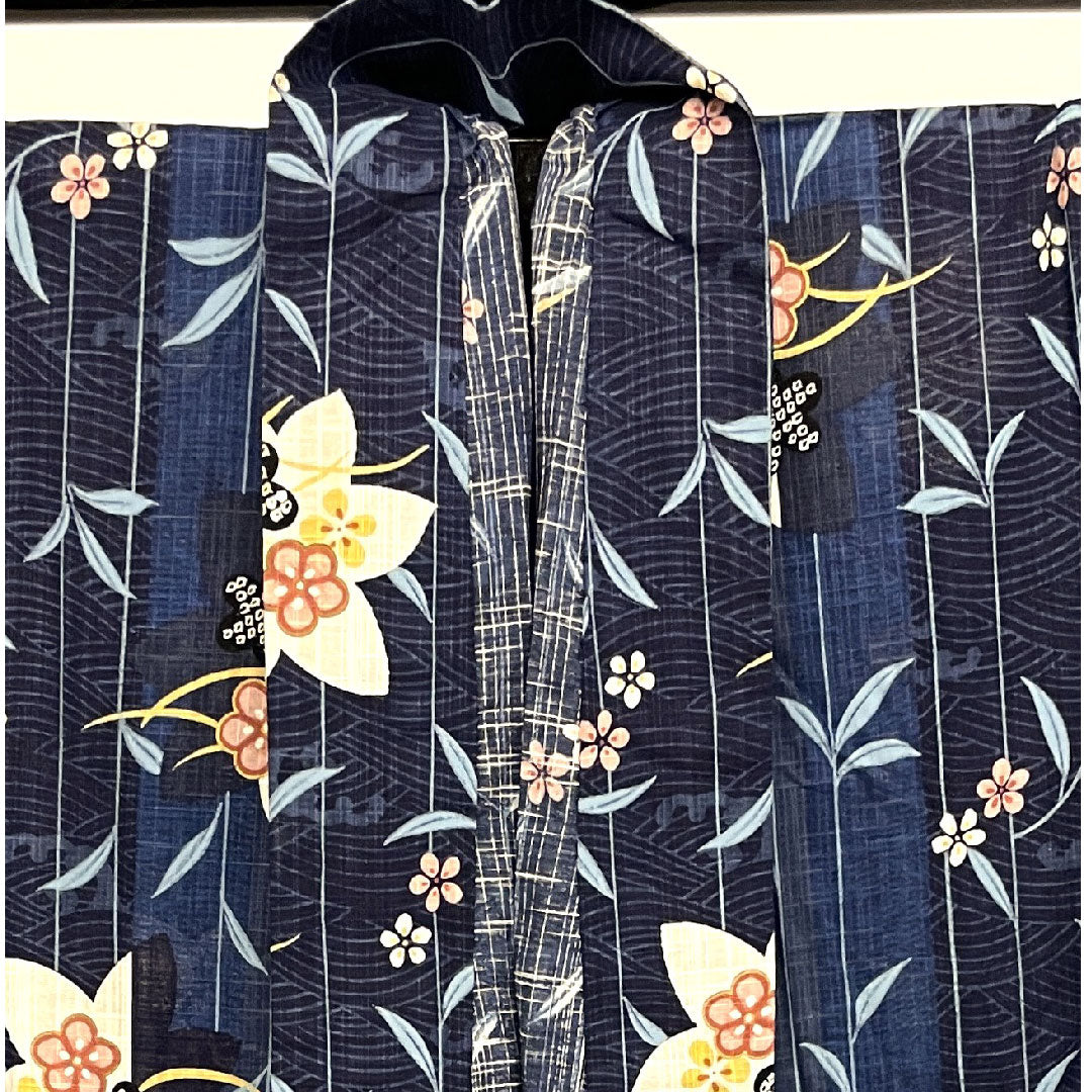 浴衣 花模様 木綿 Sランク 単衣 身丈165cm 裄丈66cm 青系 1118000812517