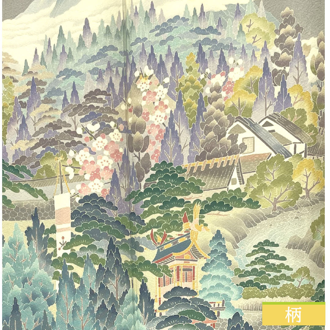 彩色留袖、纯丝、长度 157 厘米、袖长 63.5 厘米、衬里、锡色、风景图案、三个徽章、常春藤、艺术家的作品、飞騨高山、珍珠色调、A 等级、灰色、1111001363322