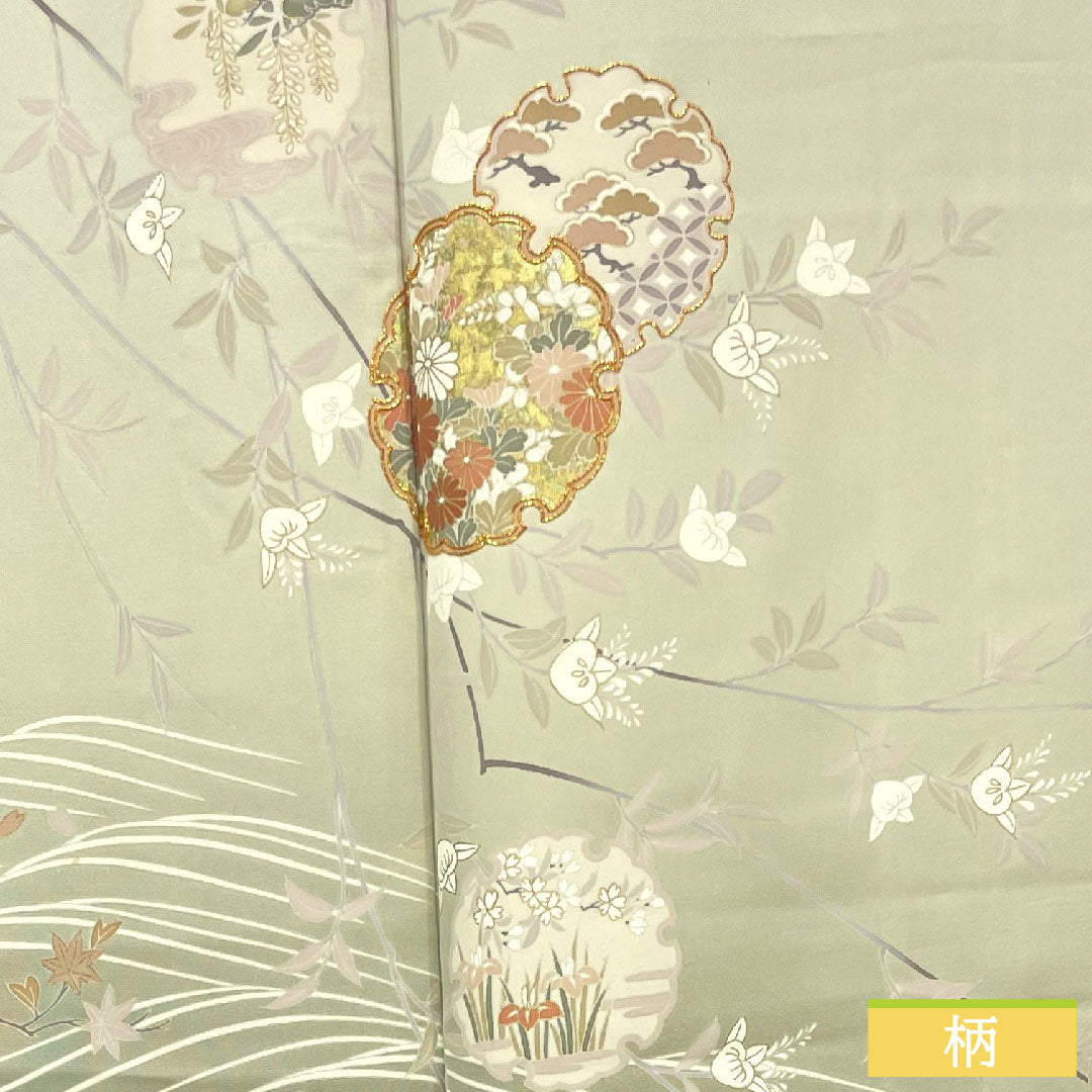 訪問着 袷 身丈155cm 裄丈63cm 利休白茶色 京友禅 吉祥文様 正絹 Sランク 緑系 1112003902319