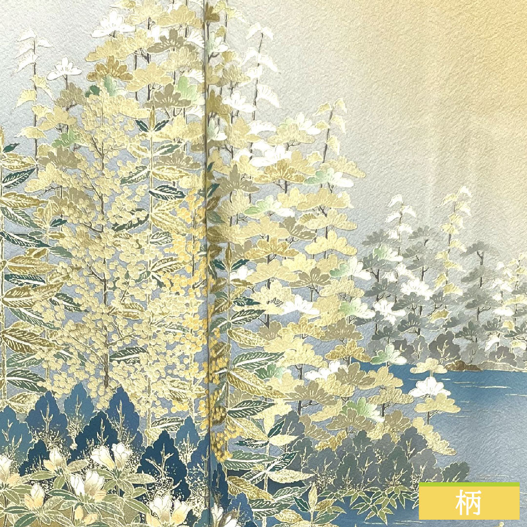 訪問着 正絹 袷 身丈158.5cm 裄丈64cm 東京白茶色 金彩加工 風景模様 Sランク ベージュ系 1112003662325