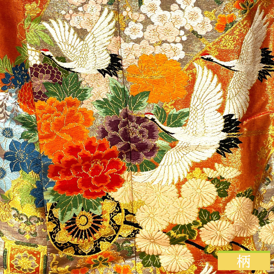 色打掛 正絹 Bランク 身丈195cm 裄丈69cm 唐織 鶴 鳳凰 花車 華文 袷 朱系 1110001034916