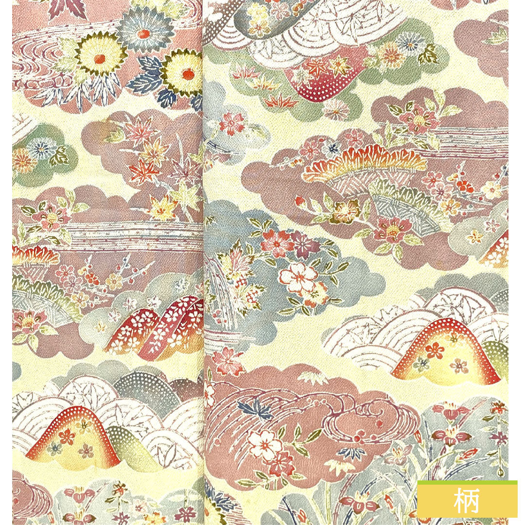 Komon silk, A-rank, length 156cm, sleeve length 58cm, single layer, pale yellow (usukihadairo), Kyoto Bingata, Chaya-Tsuji, cloud pattern, auspicious motif, cream-colored, product number 1115007593315