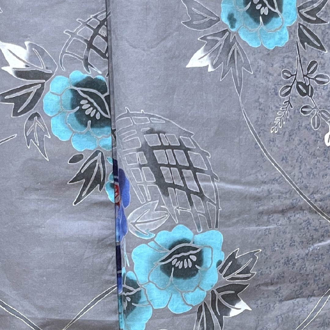 浴衣 鼠志野色 牡丹 萩 木綿 Sランク 単衣 身丈157.5cm 裄丈64.5cm グレー系 1118004082322
