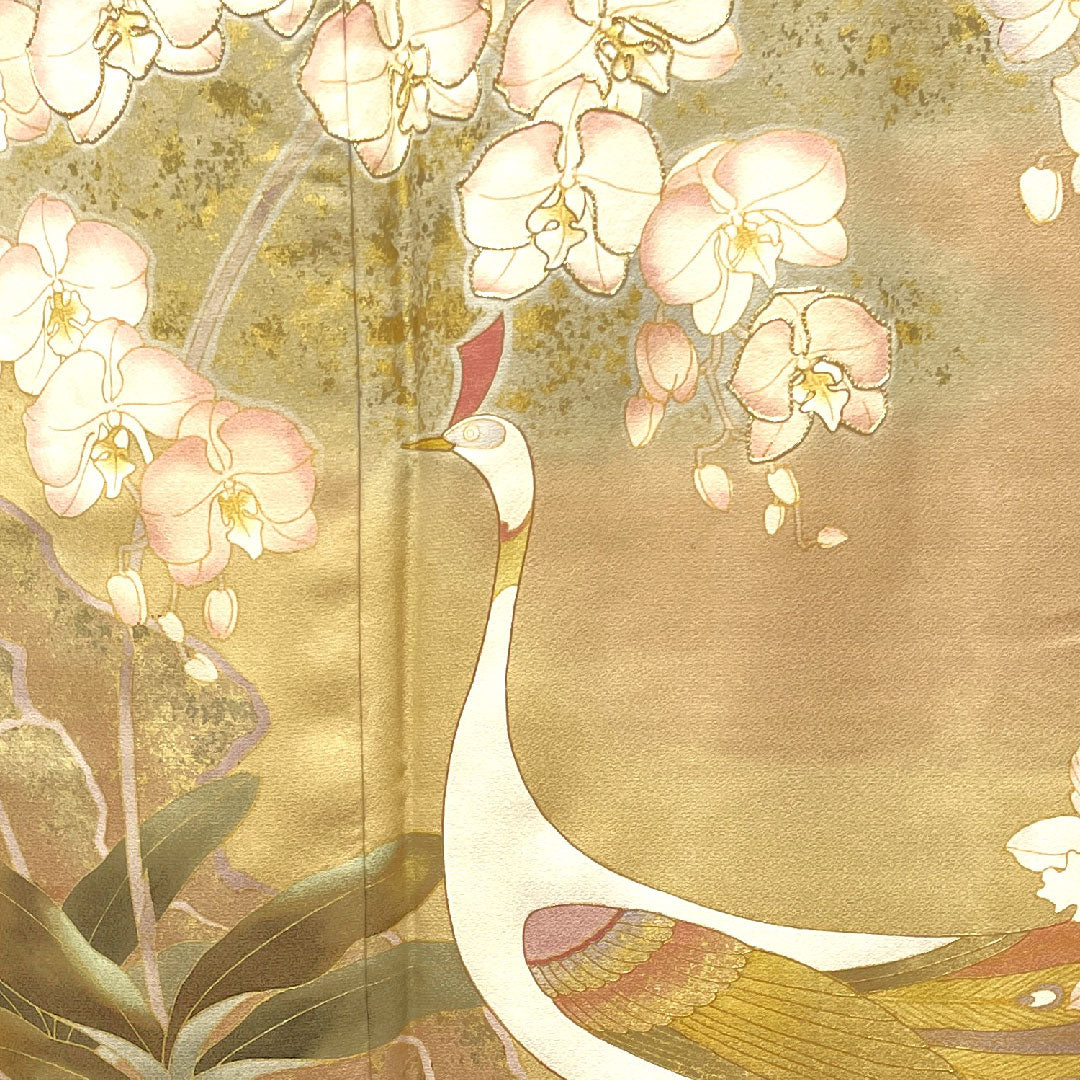 Colored Tomesode, Length 164.5cm, Sleeve Length 69cm, Lined, Walnut, Kyo-Yuzen, Peacock, Orchid, Three-Floor Diamond, Pure Silk, S Rank, One Crest, Beige, 1111001172425