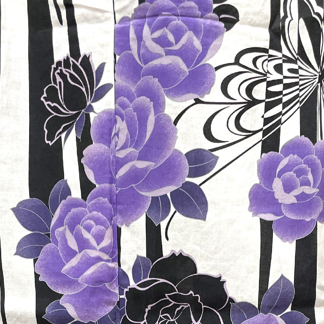 浴衣 モノトーン 蝶 薔薇 木綿 Sランク 単衣 身丈167cm 裄丈63.5cm 白系 1118001312511