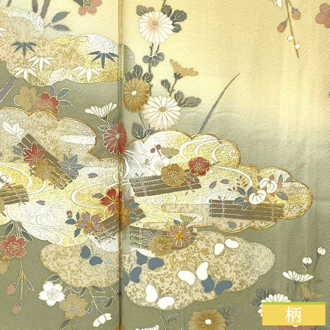 訪問着 正絹 袷 身丈165.5cm 裄丈66.5cm 東京白茶色(とうきょうしらちゃいろ) 青磁色(せいじいろ) 京友禅 草花模様 Sランク グラデーション系 1112005722599