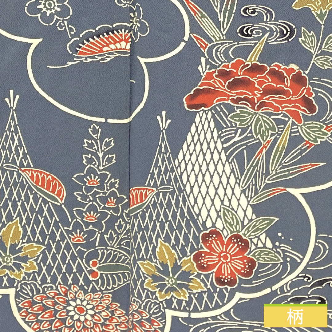 訪問着 正絹 袷 身丈157.5cm 裄丈64cm 湊鼠色(みなとねずいろ) 京紅型 網干 草花模様 Aランク 青系 1112004883317