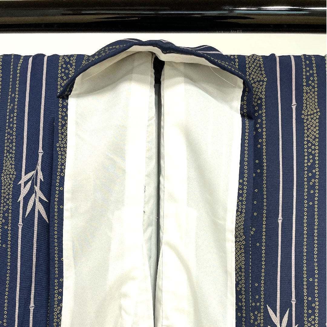 小紋 身丈163cm 裄丈67.5cm 袷 紺青色 洗える着物 竹 ポリ Sランク 紺系 1115002112418