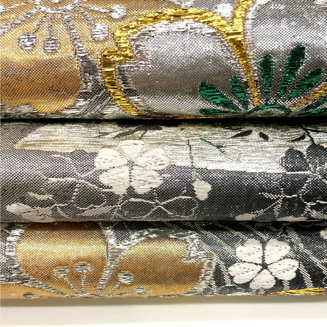 袋帯 シルバー色 桜 流水 振袖用 帯丈430cm 正絹 Sランク 六通 フォーマル 銀系 1123003032322