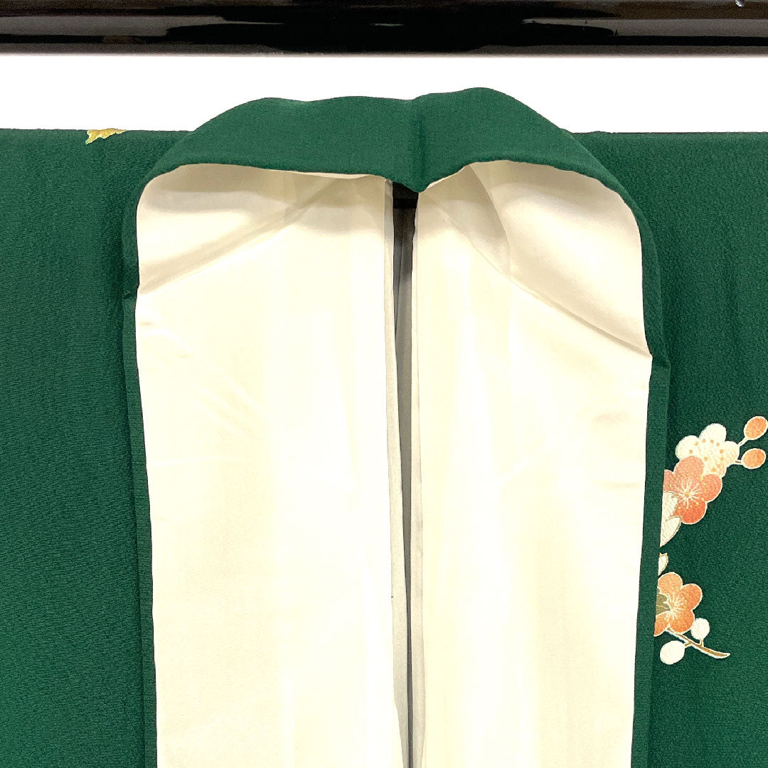 振袖 身丈165cm 裄丈65cm 袷 御所車に枝花模様 正絹 Sランク 緑系 1113000502519