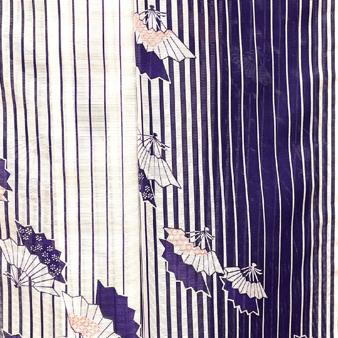 夏物 ポリエステル 小紋 身丈162.5cm 裄丈62cm 洗える着物 扇 縞 絽 Sランク グラデーション系 1132000712499