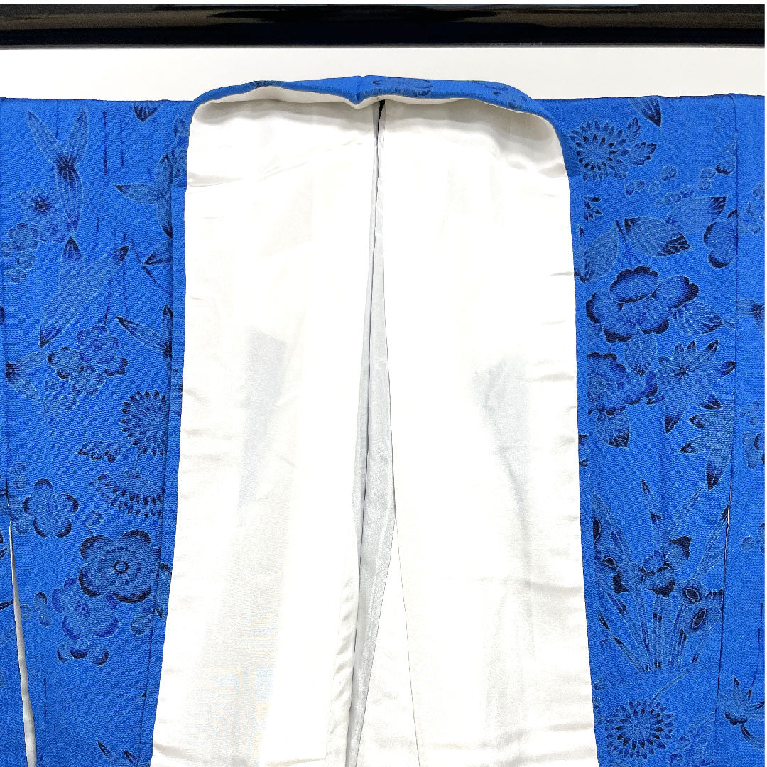 小紋 身丈155cm 裄丈64.5cm 袷 紺碧色 京紅型 草花模様 正絹 Sランク 青系 1115002182317