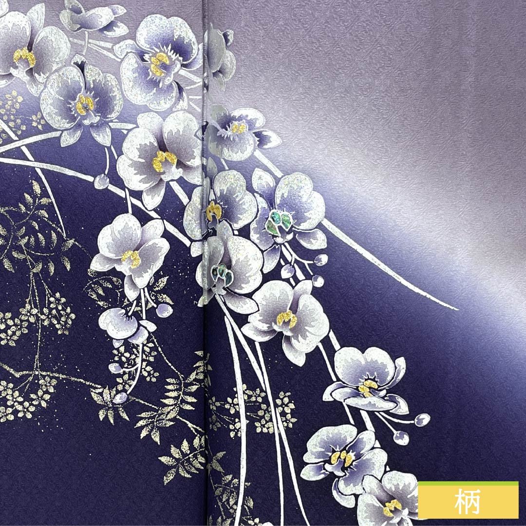 Visiting Kimono, Pure Silk, S-Rank, Lined, Length 161cm, Sleeve Length 63cm, Hatobairo (Dove Feather Color), Tsukesage, Gold-Leafed Flowers, Hajikku Guard, Purple, Product Number: 1112006762420