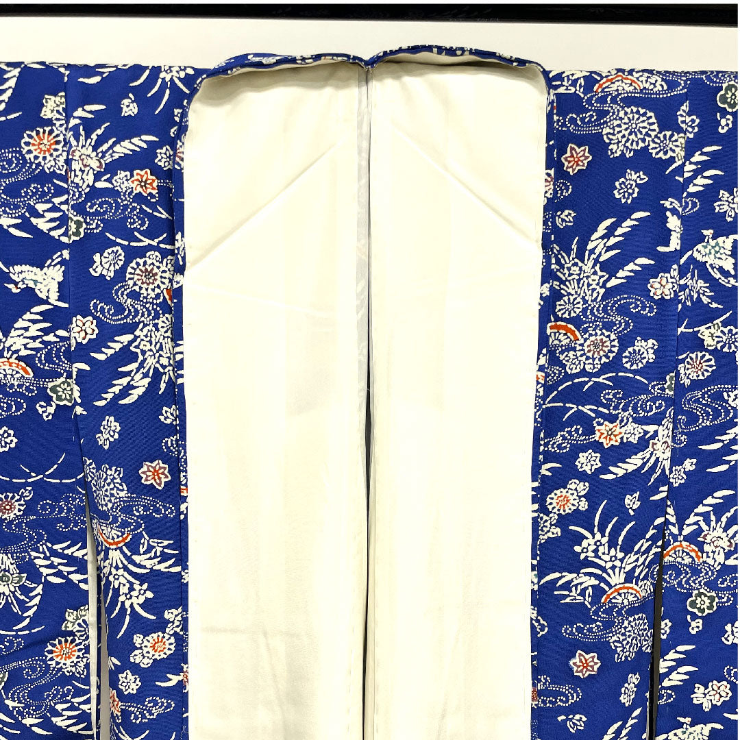 小紋 身丈157.5cm 裄丈61cm 袷 瑠璃紺色 型染 草花模様 正絹 Sランク 青系 1115002202317