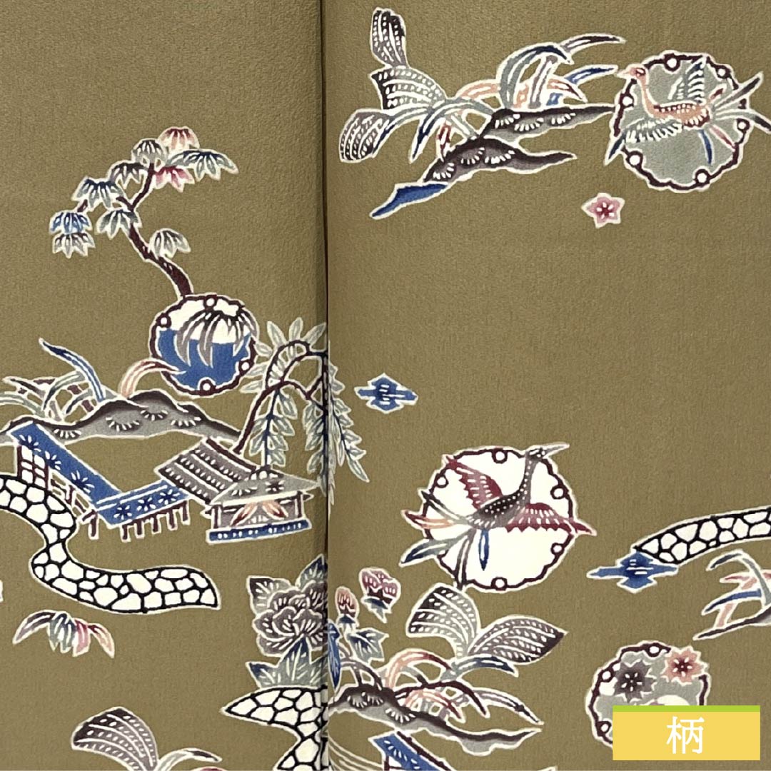 訪問着 正絹 Aランク 袷 身丈160cm 裄丈62.5cm 丁子煤竹色(ちょうじすすたけいろ) 琉球紅型 雪輪 鳳凰 風景 パールトーン加工 ベージュ系 1112007273425