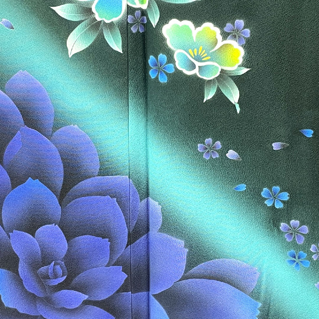 振袖 身丈165cm 裄丈70cm 袷 鉄色 京友禅 花模様 正絹 Aランク 緑系 1113001563519